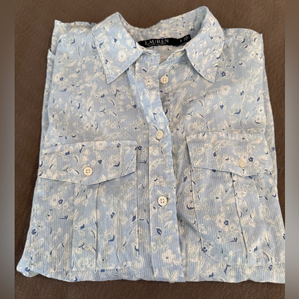 Lauren Ralph Lauren blue floral boho prairie pleated small cotton blouse top